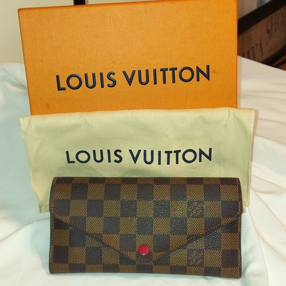 ❤️LOUIS VUITTON Damier Ebene Josephine Wallet with Red Leather Trim - Picture 1 of 11